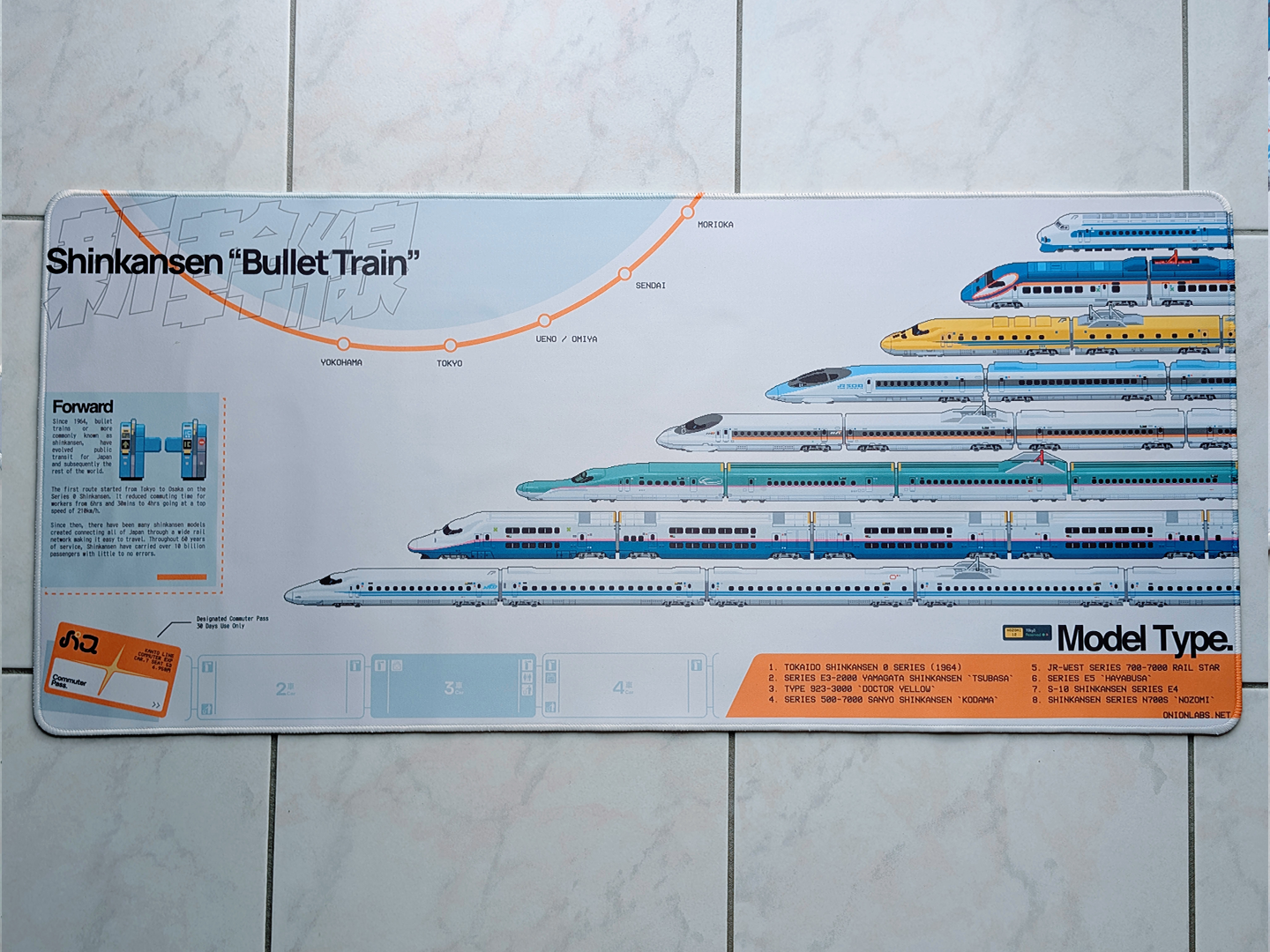 Model train set packaging with Shinkansen bullet trains on a tiled floor.