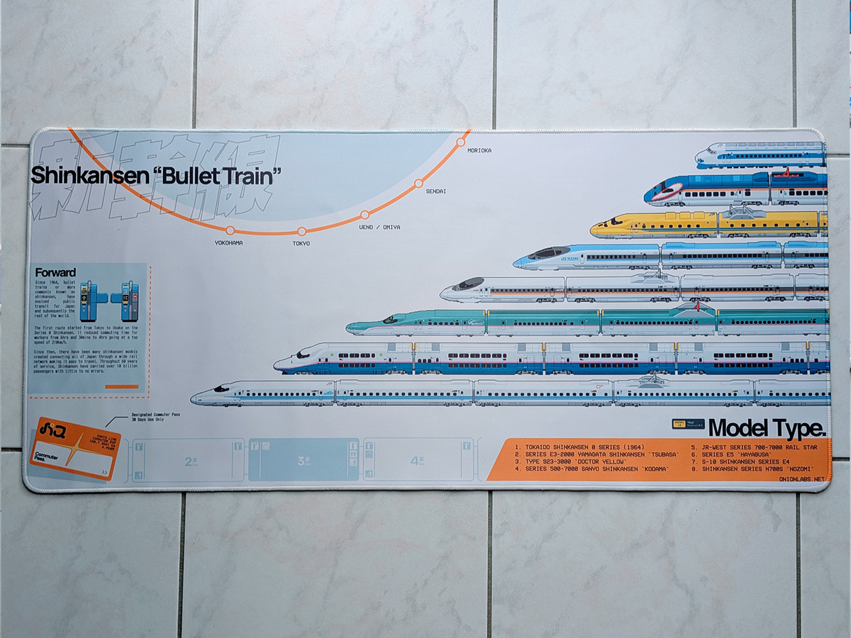 Model train set packaging with Shinkansen bullet trains on a tiled floor.